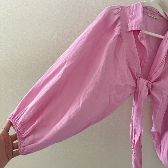 100% Linen Wrap Top Coverup Pink Puff Sleeve Balloon Blouse Collared Crop Italy - Picture 4 of 6